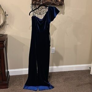 Karlie jumper one shoulder ruffle velvet midnight blue pants suit jumper stretch